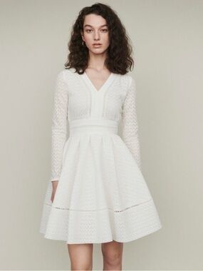 Maje White V-Neck Long Sleeve Pleated Flared Lace Dress